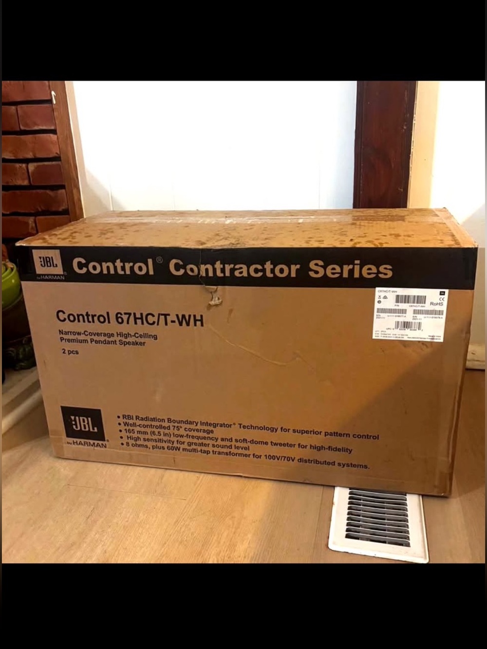 JBL Control 67HC/T-WH Pendant Speaker Pair in Brown Packaging